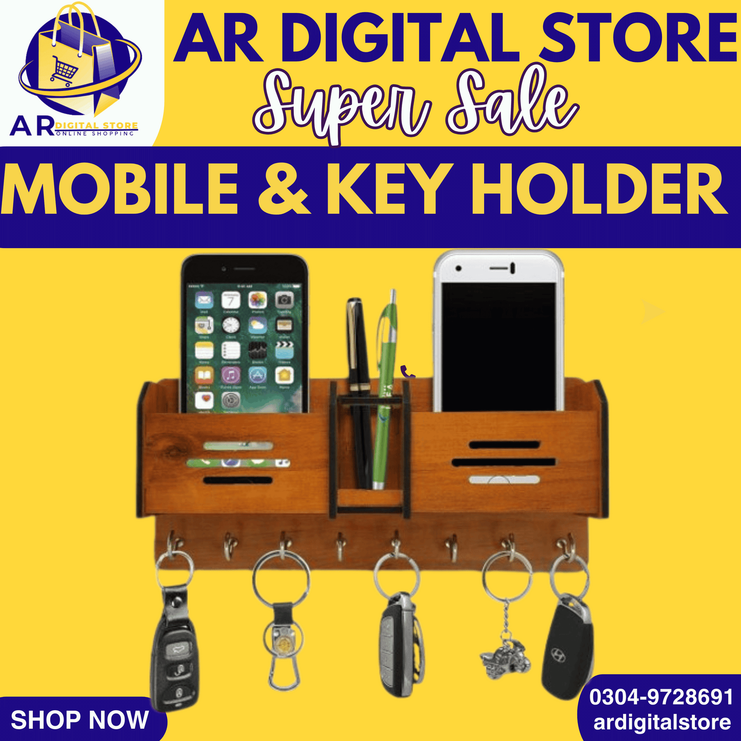 "Handcrafted mobile stand and key organizer for home and office."